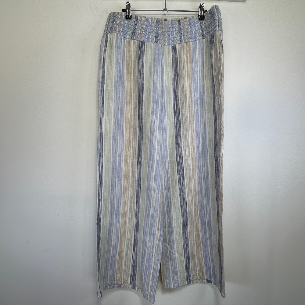 FDJ Linen Blend Wide Leg Pants Striped Pull On Elastic Waist Size M NWT Coastal